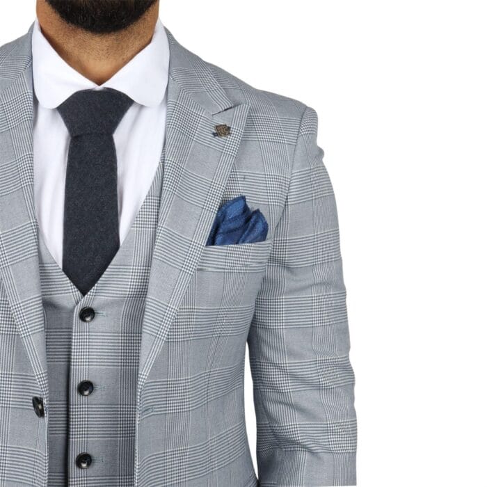 Herrenanzug, blau, dreiteilig, Tweed, kariert, für Hochzeit und Abschlussball, maßgeschneidert – Knighthood Store