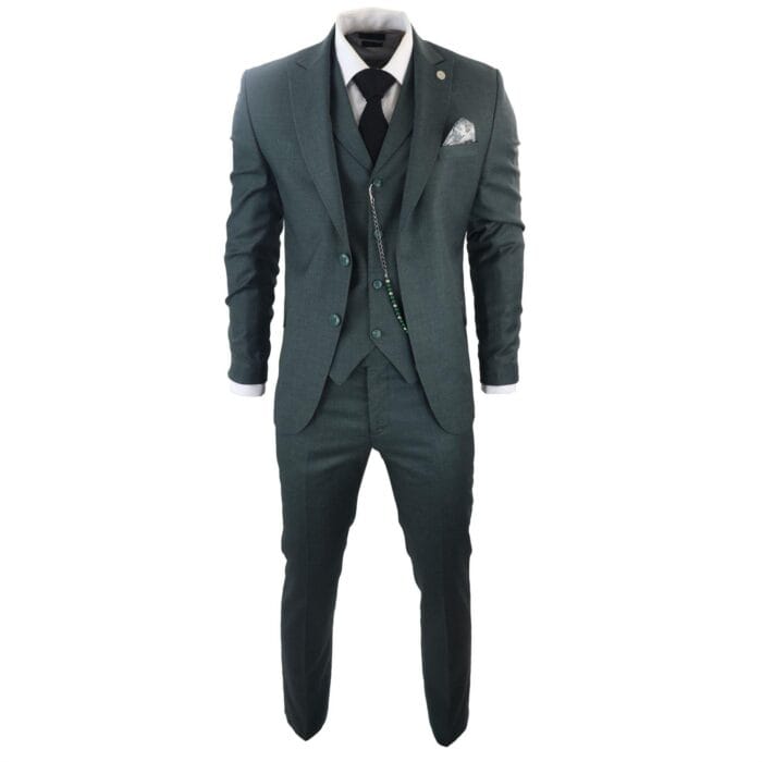 Mens Classic 3 Piece Suit Olive Green Pocket Chain Wedding Tailored Fit Vintage Formal - Knighthood Store