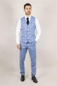 Men's Waistcoat Light Blue Checked Tailored Fit Vest - Knighthood Store