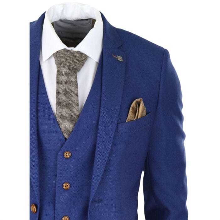 Mens Royal Blue 3 piece Suit Brown Trim Classic Birdseye Vintage Wedding Grooms - Knighthood Store