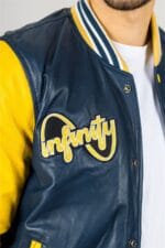 Men's Navy Blue Genuine Leather Bomber Jacket Baseball Letterman Coat - Image 4