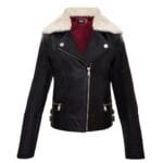 Chaqueta de motociclista de cuero auténtico para niñas y niños, con cremallera cruzada y cuello de piel negra, de 1 a 13 años - Knighthood Store