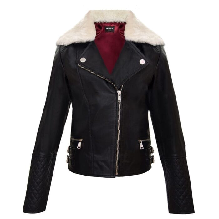 Chaqueta de motociclista de cuero auténtico para niñas y niños, con cremallera cruzada y cuello de piel negra, de 1 a 13 años - Knighthood Store