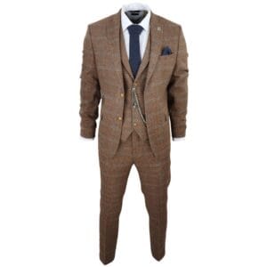 3-teiliger Herrenanzug aus Wolle und Tweed mit Fischgrätenmuster, Hellbraun, Braun und Blau, kariert, 1920er-Jahre-Gatsby-Anzug – Knighthood Store
