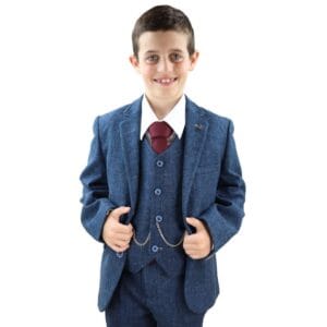 Boys 3 Piece Navy Blue Suit Tweed Check Blinders Tailored Fit Vintage - Knighthood Store