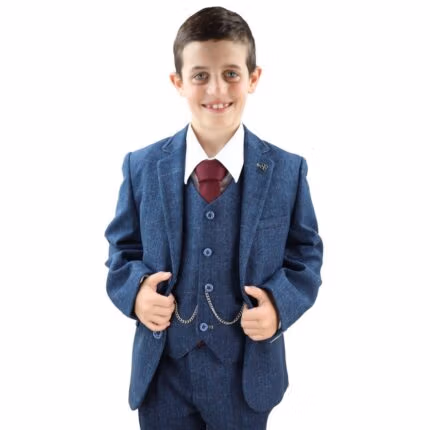 Boys 3 Piece Navy Blue Suit Tweed Check Blinders Tailored Fit Vintage - Knighthood Store