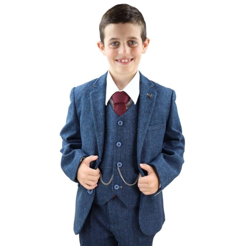 Boys 3 Piece Navy Blue Suit Tweed Check Blinders Tailored Fit Vintage - Knighthood Store