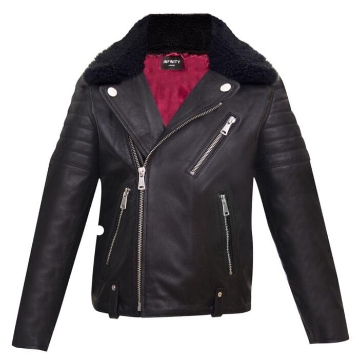 Chaqueta motera de cuero auténtico para niños, estilo motero, con cremallera cruzada Brando, cuello de piel negra - Knighthood Store