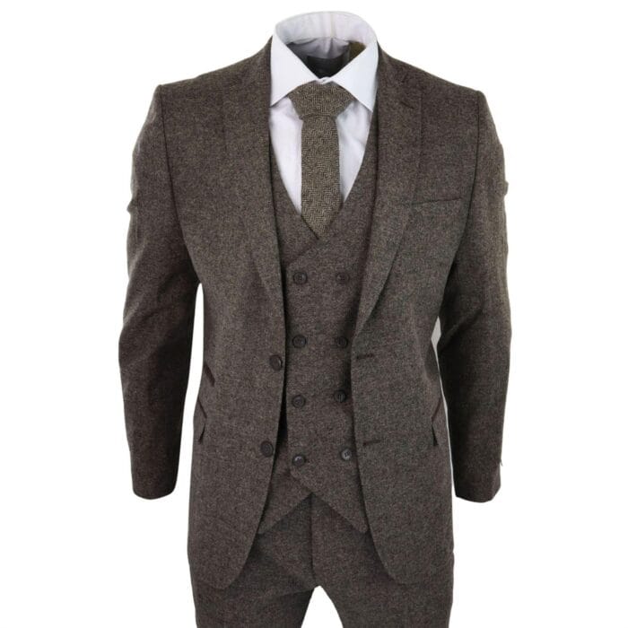 Herrenanzug aus Wolle, 3-teilig, zweireihig, Weste, Tweed-Scheuklappen, klassisch, 1920er-Jahre, Eiche – Knighthood Store