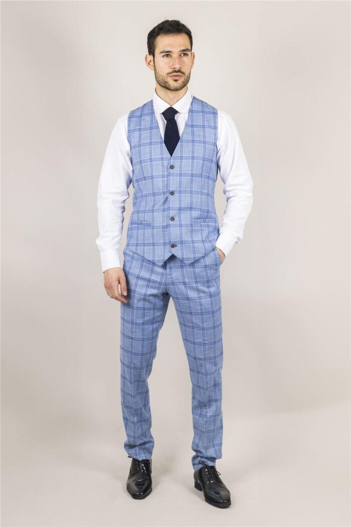 Men's Suit 3 Piece Light Blue Checked Classic Plaid Tailored Fit Formal Dress - Knighthood Store