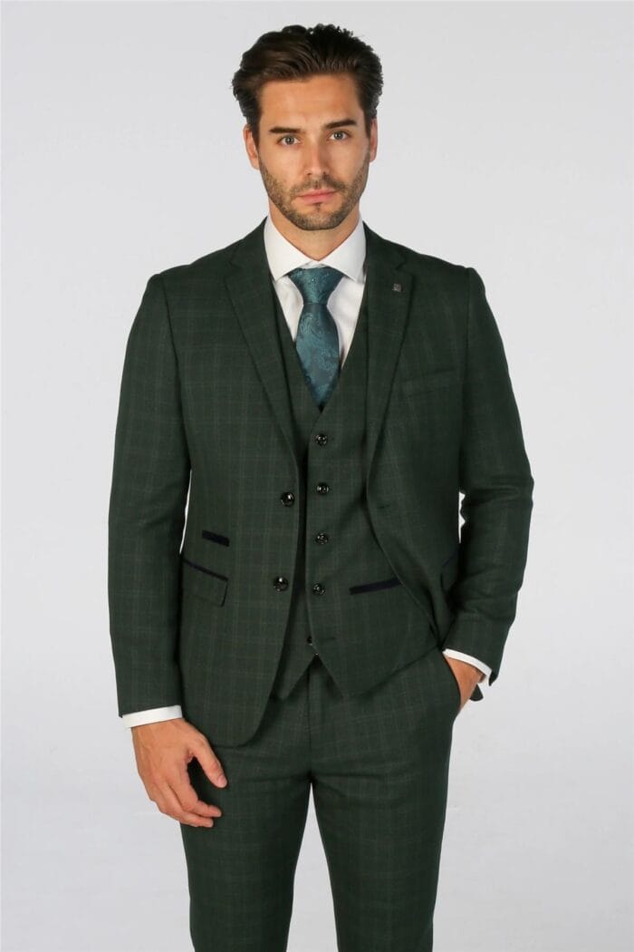 Men's Blazer Green Checked Tailored Fit Formal Suit Jacket - Image 2