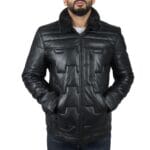 Men's Quilted Padded Real Leather Safari Parka Coat Jacket Fleece Collar - Knighthood Store
