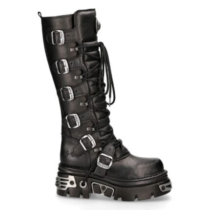 New Rock 272 Metallic Schwarz Goth Kniehohe Stiefel mit Reißverschluss und Schnalle aus Leder Punk Emo - Knighthood Store