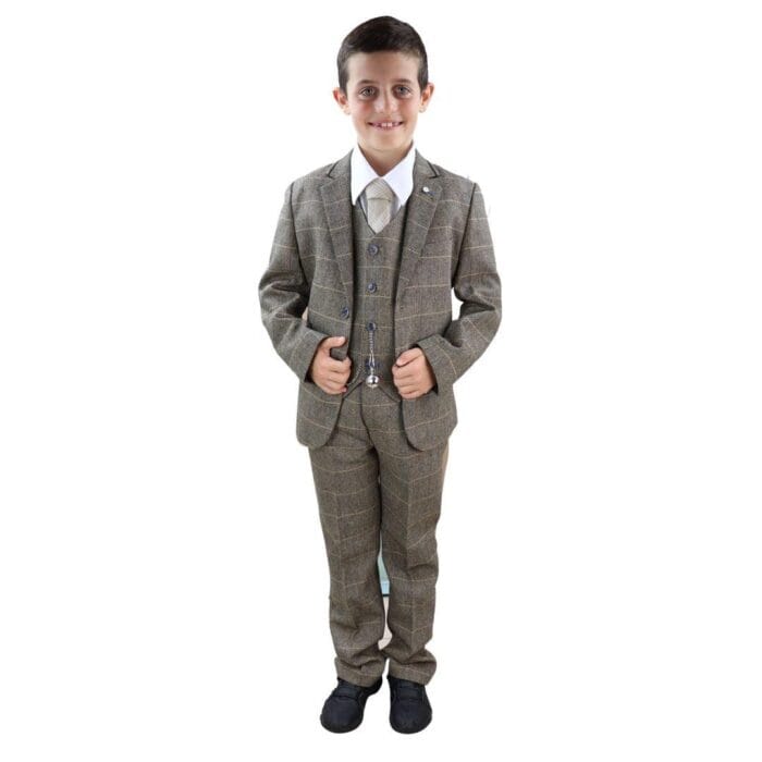 Completo da bambino a 3 pezzi in tweed marrone a quadri, stile vintage, classico anni '20 - Knighthood Store