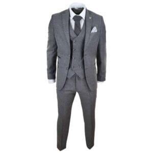Costume 3 pièces homme en laine grise, gilet croisé en tweed, années 1920 - Knighthood Store
