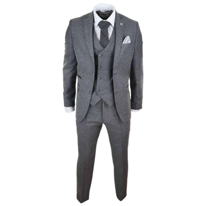 Abito da uomo in lana grigia, 3 pezzi, gilet doppiopetto, tweed, anni '20 - Knighthood Store