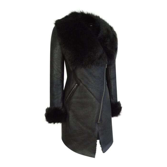 Giacca da donna in vera pelle di pecora, vestibilità slim, con cerniera incrociata 3/4, Toscana, nera, in pelle italiana - Knighthood Store