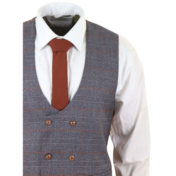 Traje de tweed gris de tres piezas, cuadros Príncipe de Gales, corte entallado y chaleco cruzado - Knighthood Store