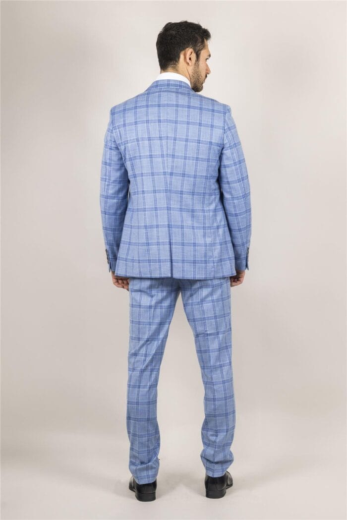 Men's Suit 3 Piece Light Blue Checked Classic Plaid Tailored Fit Formal Dress - Knighthood Store