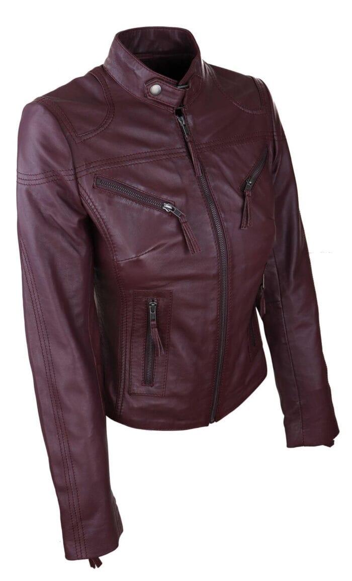 Damen Bikerjacke aus echtem Leder in Slim Fit, Marineblau - Knighthood Store