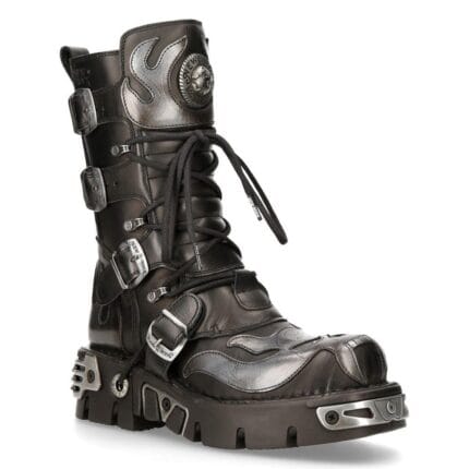 New Rock 107-S2 Schwarz/Silber Gothic Leder Flammenstiefel - Knighthood Store