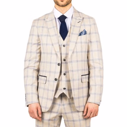 Men's Blazer Beige Checked Classic Sport Coat Plaid Tailored Fit - Knighthood Store