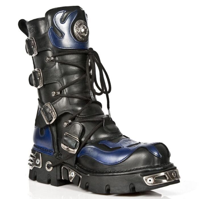 Botas unisex NEW ROCK 107-C5 de piel negra y azul con diseño de calavera y diablo, estilo gótico, punk y motero - Knighthood Store