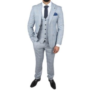 Herrenanzug, blau, dreiteilig, Tweed, kariert, für Hochzeit und Abschlussball, maßgeschneidert – Knighthood Store