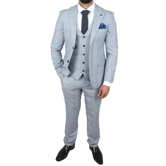Herrenanzug, blau, dreiteilig, Tweed, kariert, für Hochzeit und Abschlussball, maßgeschneidert – Knighthood Store
