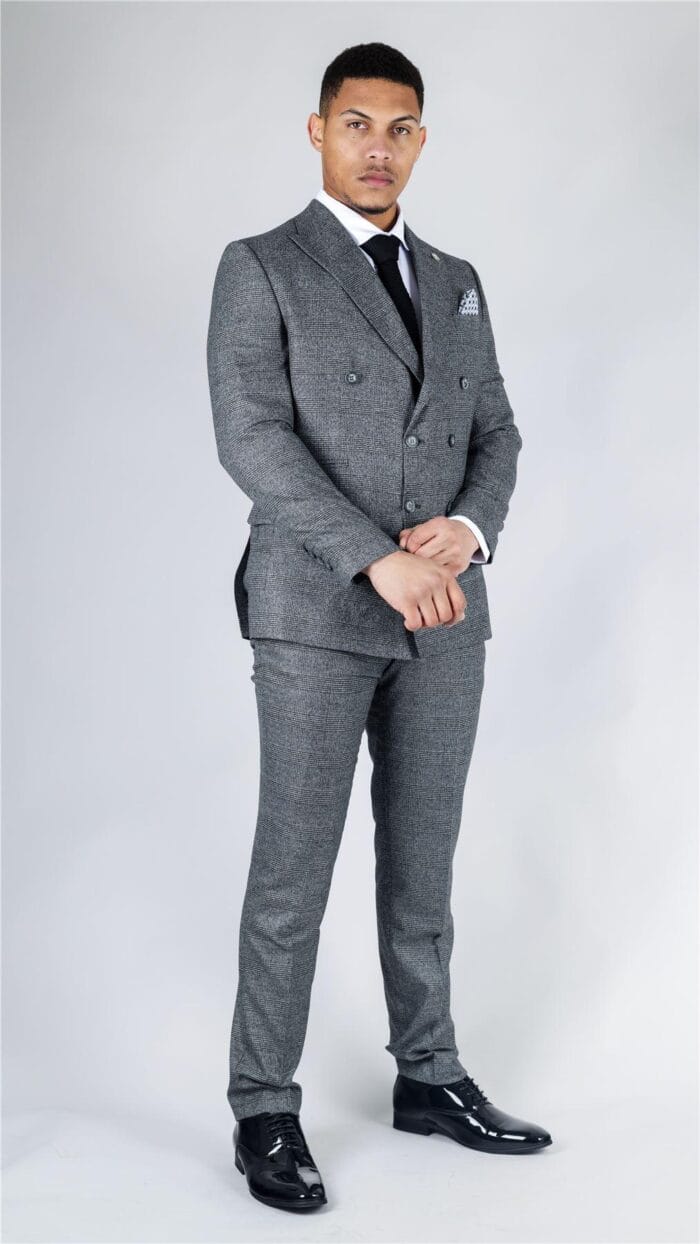 Traje gris de dos piezas cruzado a cuadros para hombre - Knighthood Store