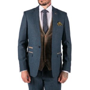 Mens Blue Tan Brown 3 Piece Herringbone Tweed Check Vintage Tailored Fit Suit - Knighthood Store