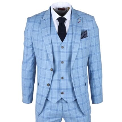Men's Suit 3 Piece Light Blue Checked Classic Plaid Tailored Fit Formal Dress - Knighthood Store