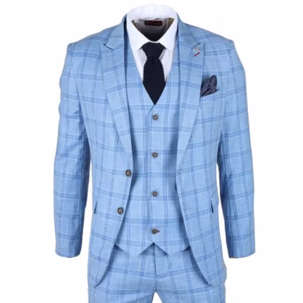 Men's Suit 3 Piece Light Blue Checked Classic Plaid Tailored Fit Formal Dress - Knighthood Store