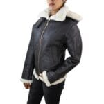 Giacca da aviatore da donna in vera pelle di montone con cappuccio, bianca e marrone - Knighthood Store