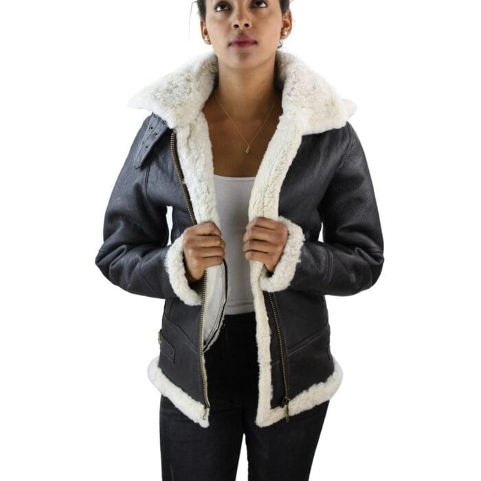 Giacca da aviatore da donna in vera pelle di montone con cappuccio, bianca e marrone - Knighthood Store