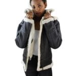 Giacca da aviatore da donna in vera pelle di montone con cappuccio, bianca e marrone - Knighthood Store