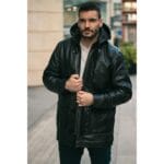 Mens 3/4 Long Real Leather Duffle Jacket Coat Safari Detachable Hood Classic - Knighthood Store