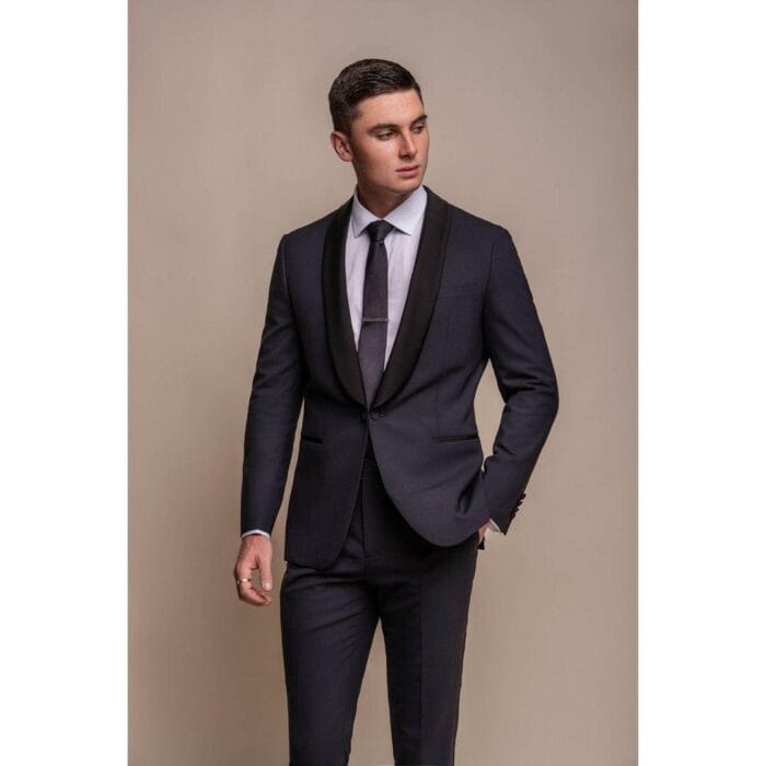 Smoking da uomo blu navy, 2 pezzi, con collo a scialle - Knighthood Store