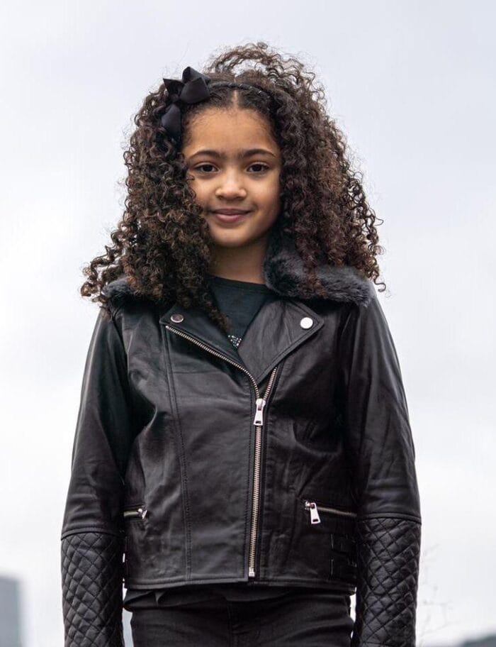 Chaqueta de motociclista de cuero auténtico para niñas y niños, con cremallera cruzada y cuello de piel negra, de 1 a 13 años - Knighthood Store