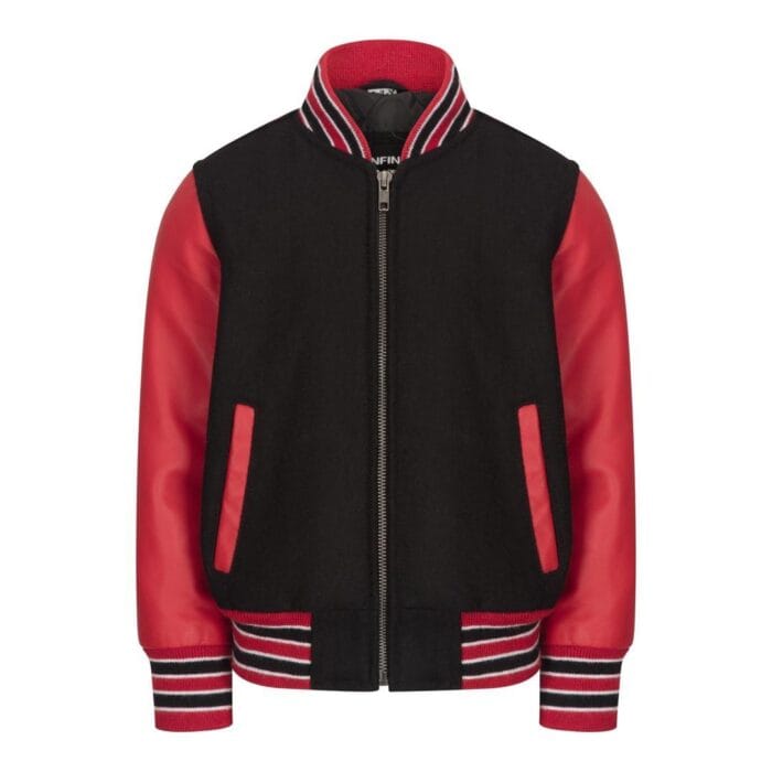 Boys Wool Real Leather Varsity Kids Bomber Jacket Varsity Black White Vintage - Knighthood Store