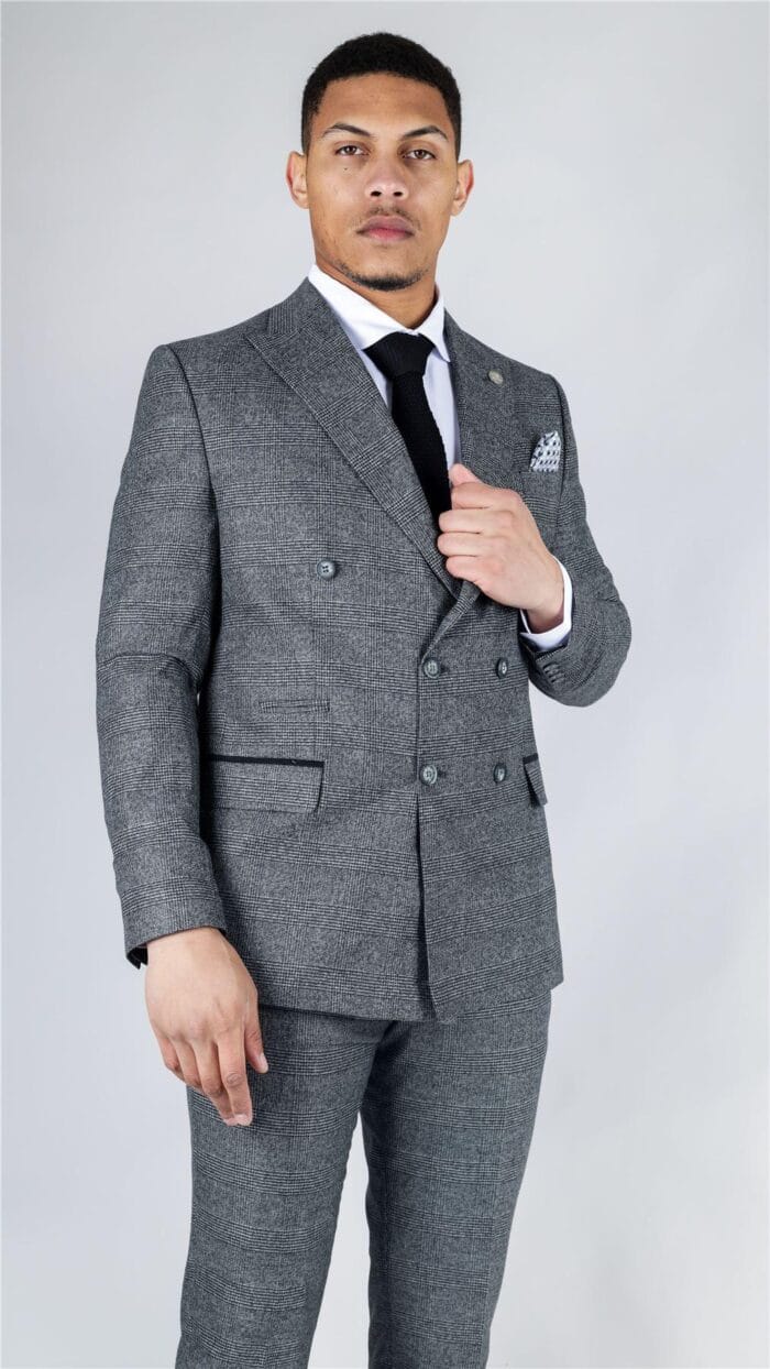 Traje gris de dos piezas cruzado a cuadros para hombre - Knighthood Store