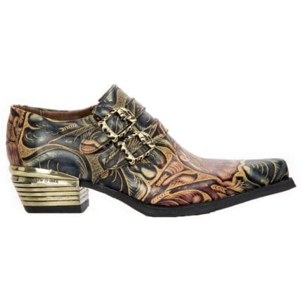 New Rock M-7960-s14 Embossed Vintage Shoes Black Leather Buckle Steel Heel - Knighthood Store