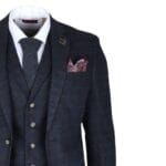 Costume homme 3 pièces en laine mélangée bleu marine à carreaux et chevrons en tweed, coupe cintrée, tenue habillée - Knighthood Store