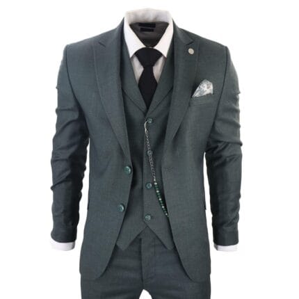 Mens Classic 3 Piece Suit Olive Green Pocket Chain Wedding Tailored Fit Vintage Formal - Knighthood Store
