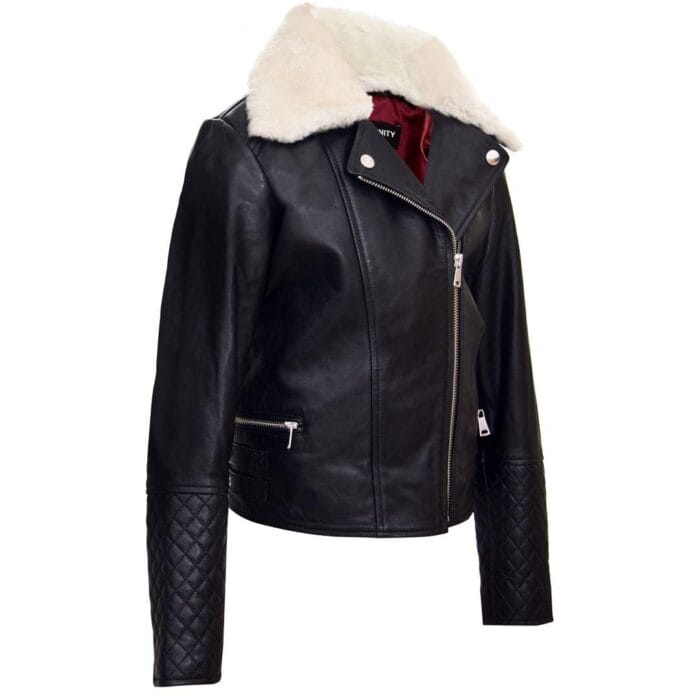 Chaqueta de motociclista de cuero auténtico para niñas y niños, con cremallera cruzada y cuello de piel negra, de 1 a 13 años - Knighthood Store