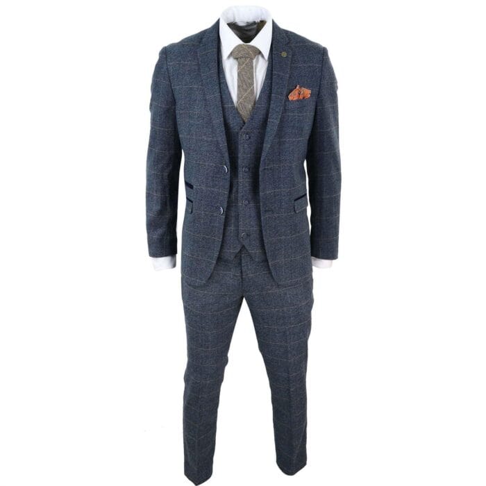 Abito da uomo a tre pezzi a quadri blu, in tweed a spina di pesce, vestibilità vintage, su misura, in velluto grigio - Knighthood Store
