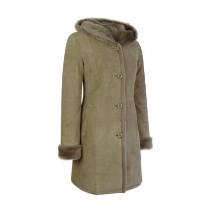 Giacca da donna in vera pelle di pecora Morino beige con cappuccio lungo 3/4 e bottoni marroni - Knighthood Store