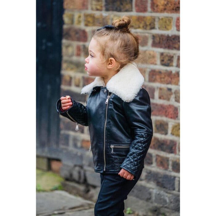 Chaqueta de motociclista de cuero auténtico para niñas y niños, con cremallera cruzada y cuello de piel negra, de 1 a 13 años - Knighthood Store