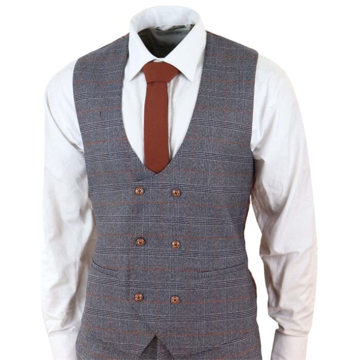 Traje de tweed gris de tres piezas, cuadros Príncipe de Gales, corte entallado y chaleco cruzado - Knighthood Store