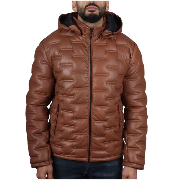 Men's Puffer Quilted Real Leather Jacket Hooded Casual - Knighthood Store